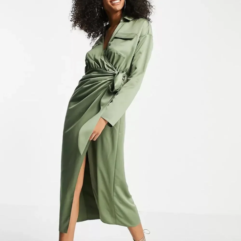 ASOS Design Satin Collared Wrap Midi Shirt Khaki Size‎ 14 NWT